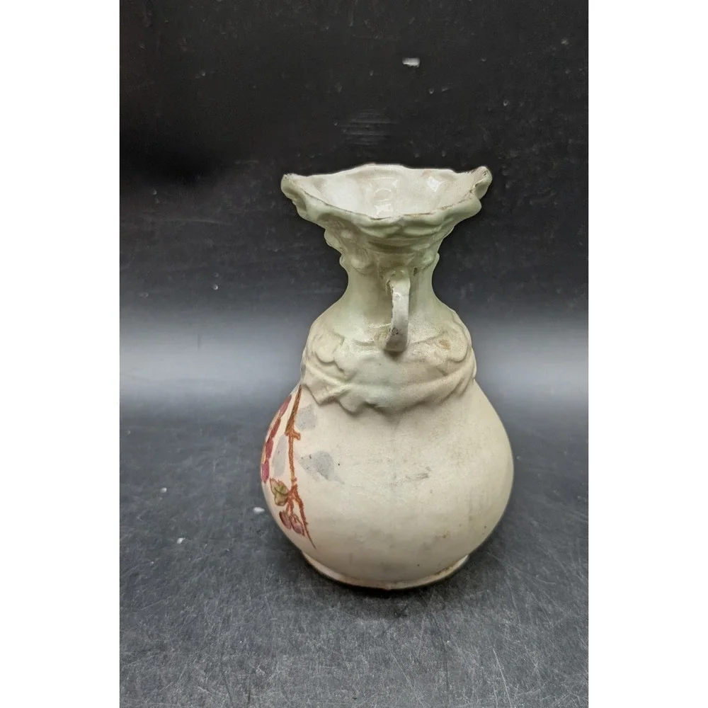 Antique Hand Painted Floral Porcelain Miniature Bud Vase Ruffled Rim 2-Handle